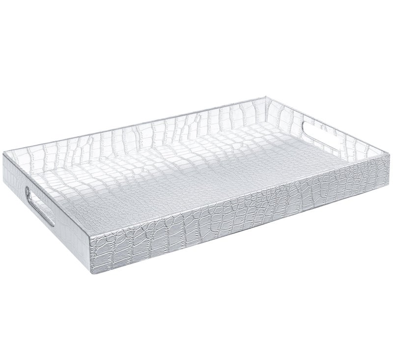 Home Redefined 17.5"x12" Silver Glossy Crocodile Faux Leather Serving Tray Beautiful Modern Elegant Decorative Tray with Handles Ottoman Coffee Table Ottoman Perfume Makeup Display for All Occasion's - Image 1